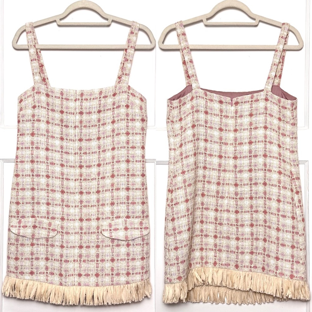 ALEXIS 90s Plaid Tweed Square Neck Sleeveless Fringe Hem Mini Dress‎ Medium - Picture 2 of 6
